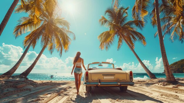 A girl near a big white convertible on the beach