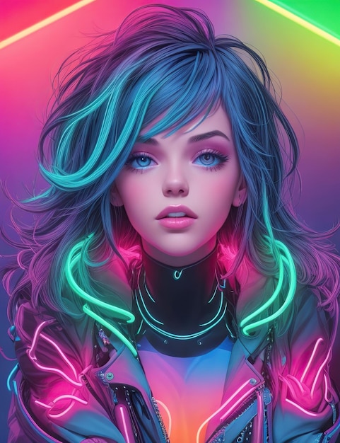 Girl in neon lights with bright and vibrant colors