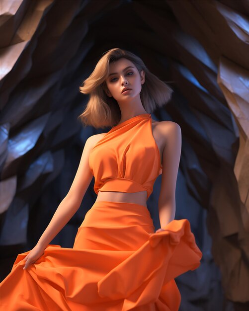 Girl in Orange Dress Standing