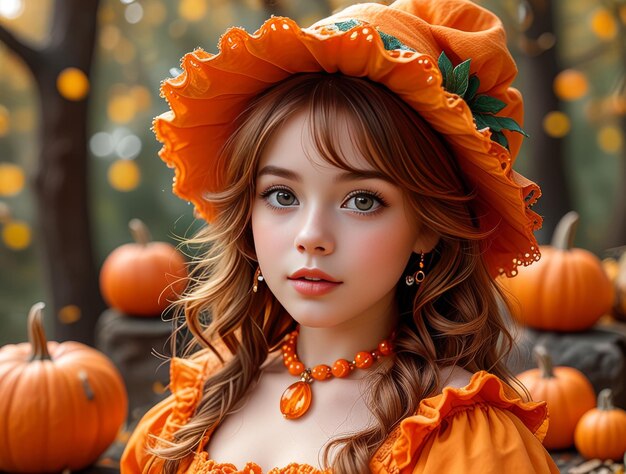 Photo a girl in an orange dress with a bunch of pumpkins