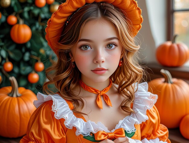 a girl in an orange dress with a pumpkin on the front