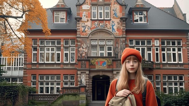 Photo a girl in an orange hat is standing in front of a building with a sign that says  the word  on it