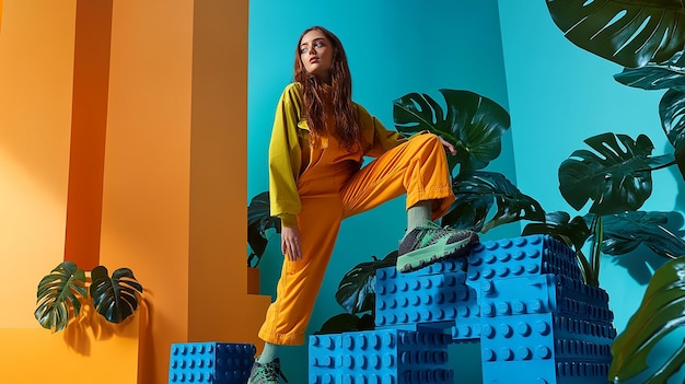 a girl in orange jumpsuit stands on a stack of blue blocks