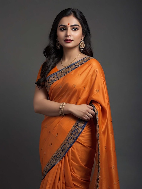 A girl in a orange saree is standing and modeling