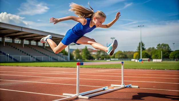 Girl overjumps hurdle