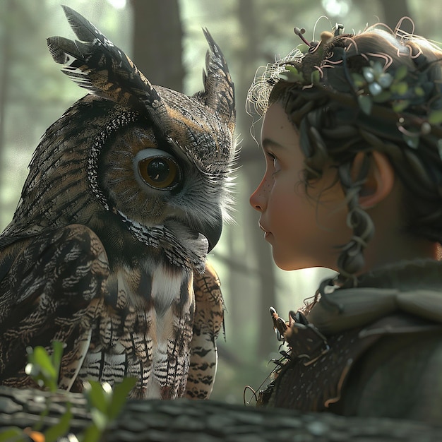 a girl and an owl are looking at each other