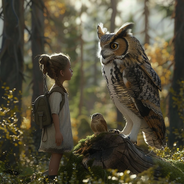 a girl and an owl are in the woods with a girl looking at the owl