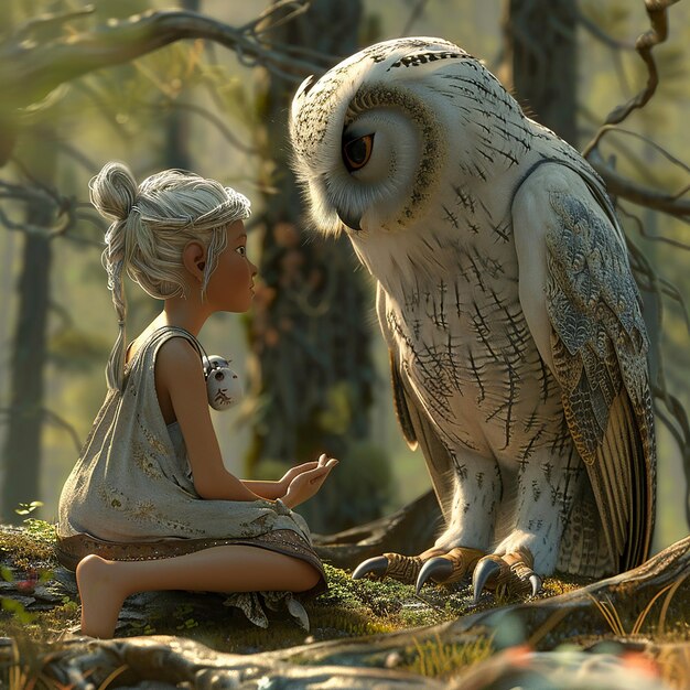 a girl and an owl are in the woods