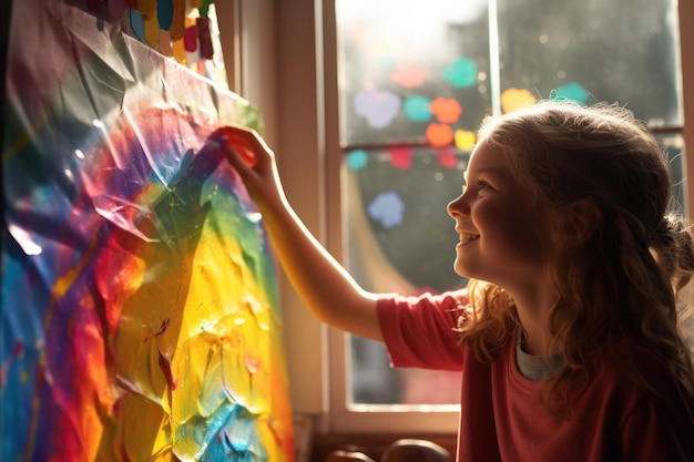 Photo girl painting rainbow on the window child paintbrush creativity