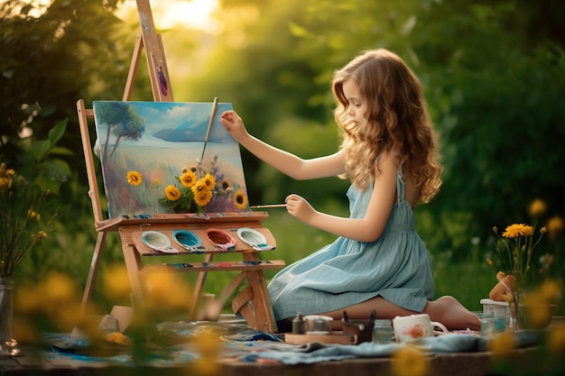 A girl painting a sunflowers in a garden