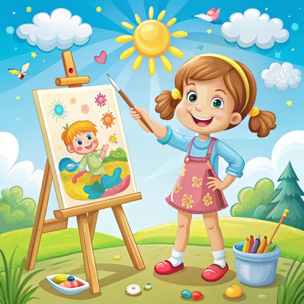 Photo a girl painting with a sun and a drawing of a baby