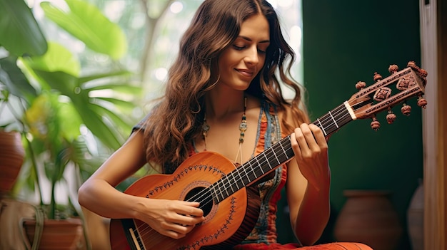 a girl person playing a spanish guitar instrument with fun and smile