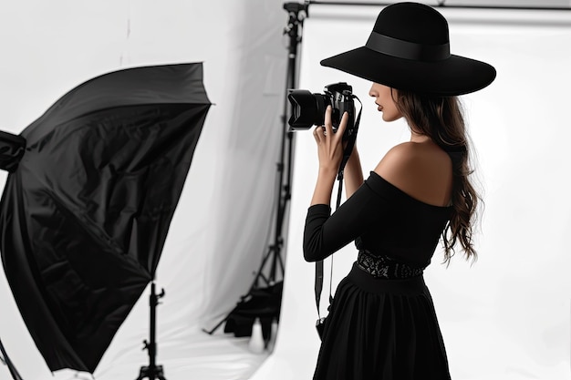 Photo girl photographer photographing fashion model in black color on white background in studio