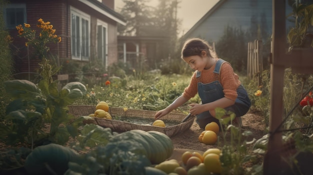 A girl picking up some pumpkins in a garden