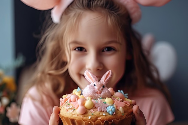 A girl in a pink bunny hat holds a cake with easter eggs on it.