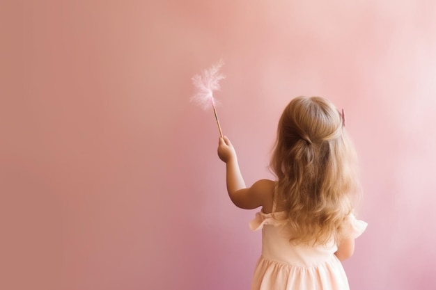 A girl in a pink dress holds a feather in her hand.