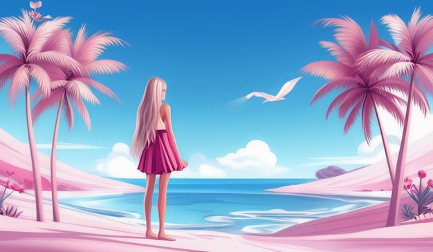 Photo a girl in a pink dress is standing on the beach with palm trees