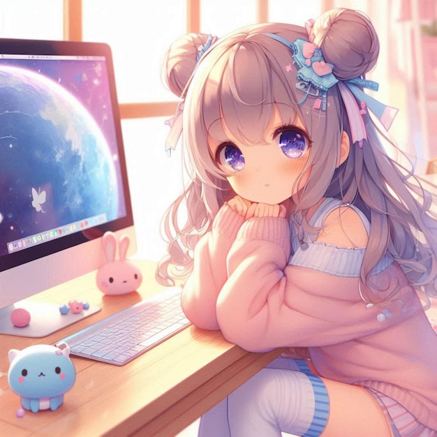 a girl in a pink dress sits at a computer with a mouse on the table