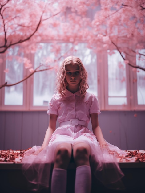 a girl in a pink dress sitting in front of a pink tree