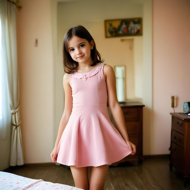 Photo a girl in a pink dress stands on a bed