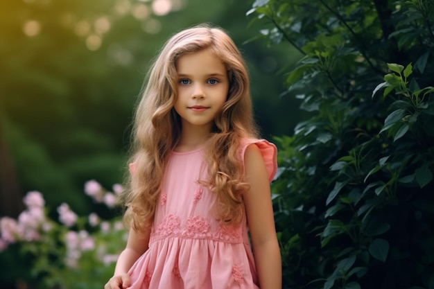 A girl in a pink dress stands in front of a bush.