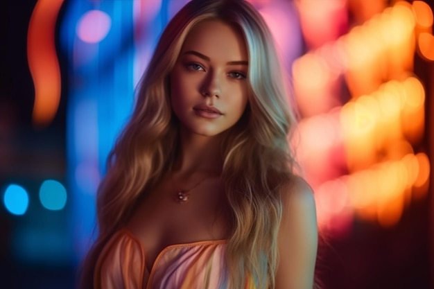 A girl in a pink dress stands in front of a colorful light.