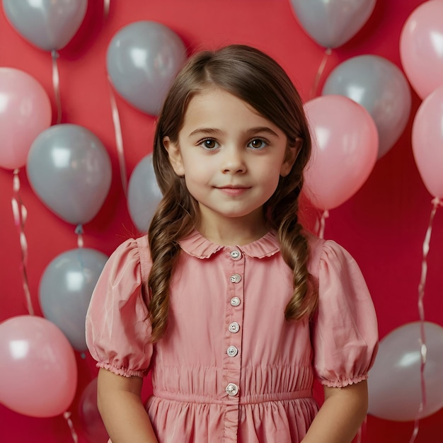 A girl in a pink dress stands in front of a red wall with balloons