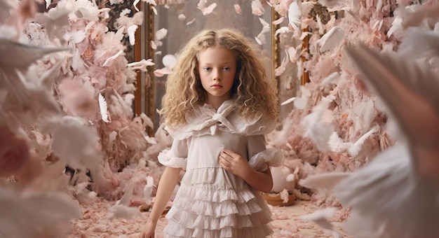 A girl in a pink dress stands in a room with pink feathers on the wall.