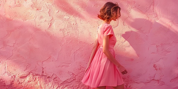 Photo girl in pink dress walking against pink wall