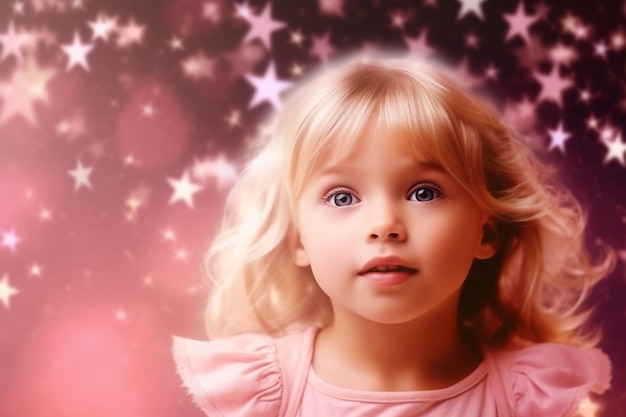 A girl in a pink dress with stars on the background