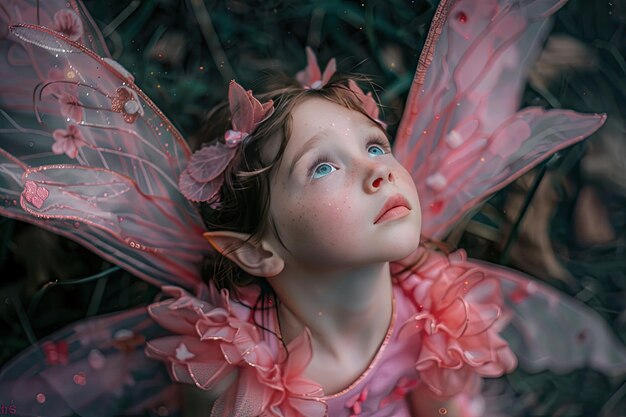 Photo girl in a pink fairy costume looking up