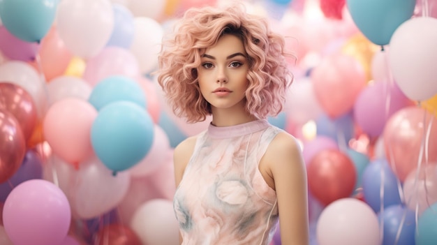 The girl pink hair beauty is elevated by the lively pastel color balloons barbie in the background