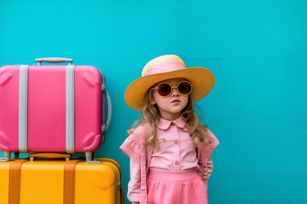 A girl in a pink hat and a pink hat stands next to a pink suitcase.