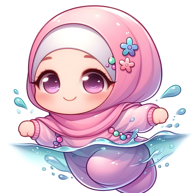 a girl in pink is running in the water with her pink head scarf