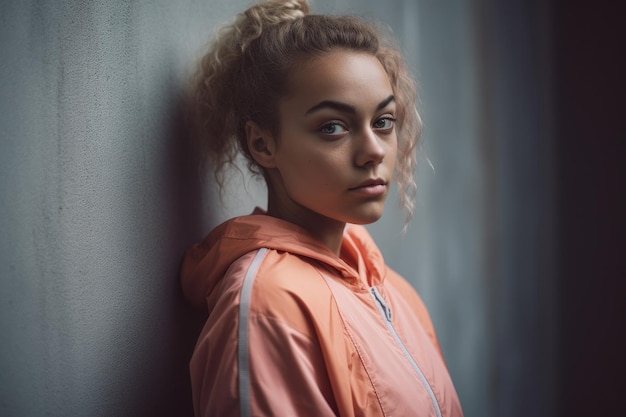 A girl in a pink jacket stands against a grey wall.