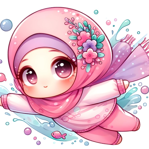 a girl in a pink kimono with flowers on her head and a pink scarf with a flower on it