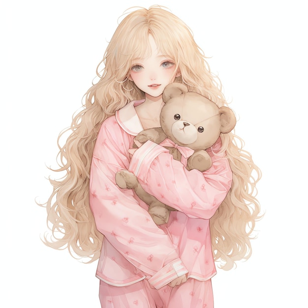 girl in pink pyjams holding teddy bear watercolor cozy