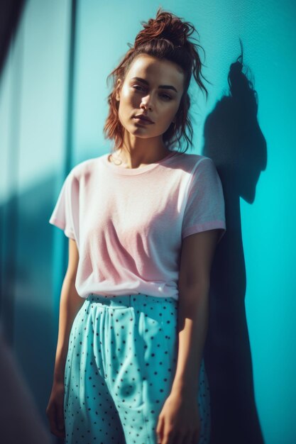 A girl in a pink shirt stands against a blue wall and wears a pink shirt with the word love on it.