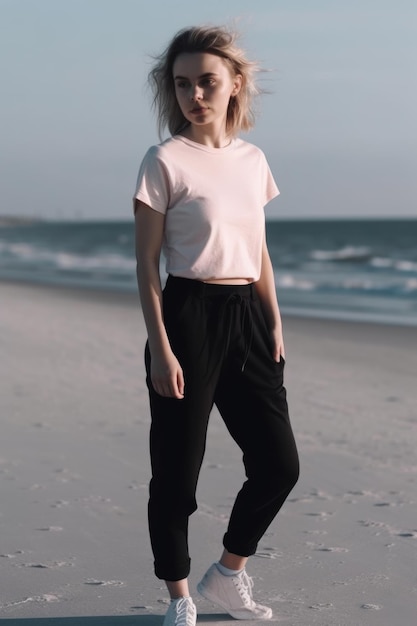 A girl in a pink shirt stands on the beach