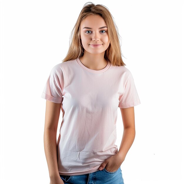 Photo a girl in a pink shirt stands in front of a white background