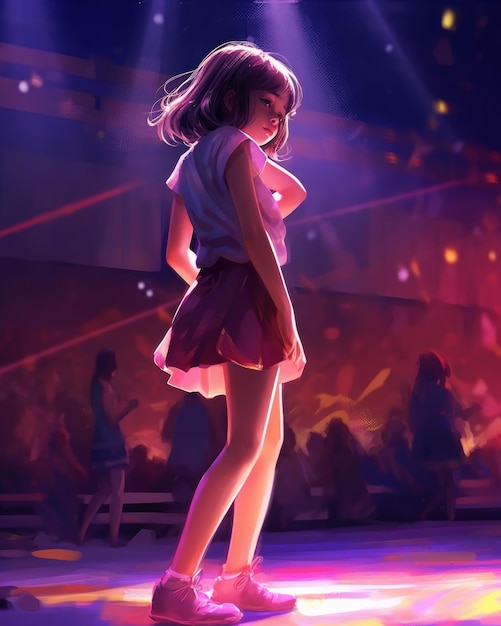 A girl in a pink skirt stands on a skating rink in front of a crowd of people.