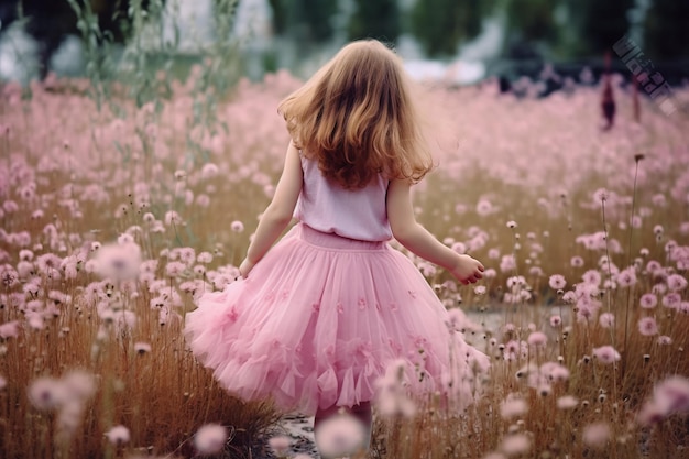 A girl in a pink tutu walks through a field of flowers.