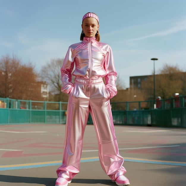 Photo a girl in pink and white is standing on a tennis court.