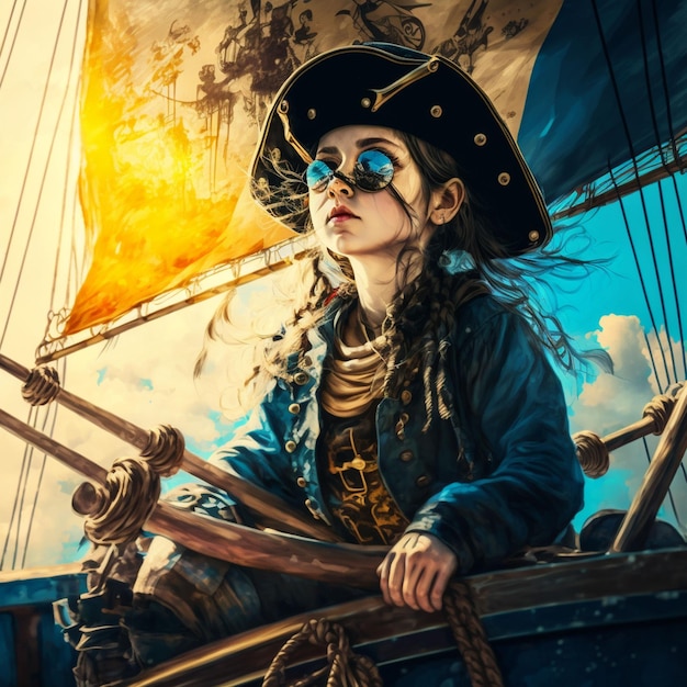 Girl pirate on a pirate ship in the sunlight, in the style of the artist Pablo Picasso, in hyper rea