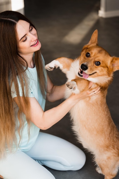 Girl play with Corgi dog at home and having fun Playful Welsh Corgi Pembroke Lifestyle with domestic pet