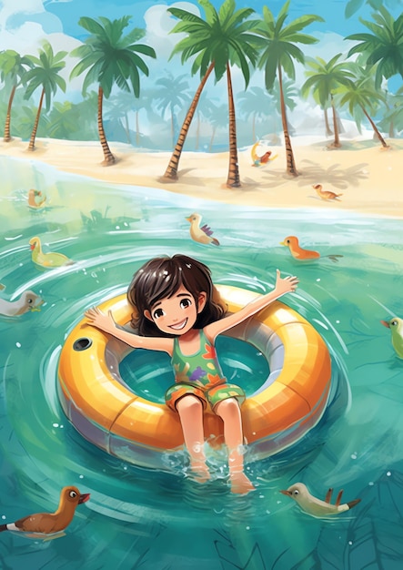 A girl playing on the beach illustration