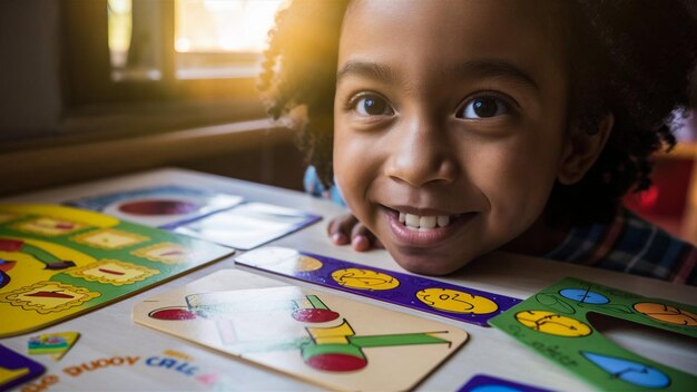 a girl playing a board game with the word quot happy quot on it