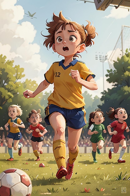 girl playing football with friends on campus happy childhood cartoon wallpaper background