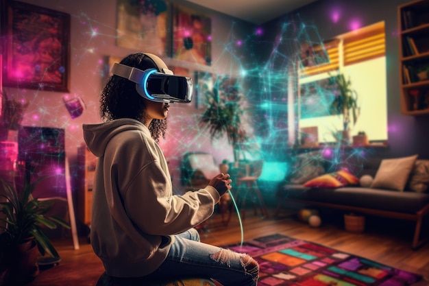 A girl playing a game with a virtual reality headset in a living room.