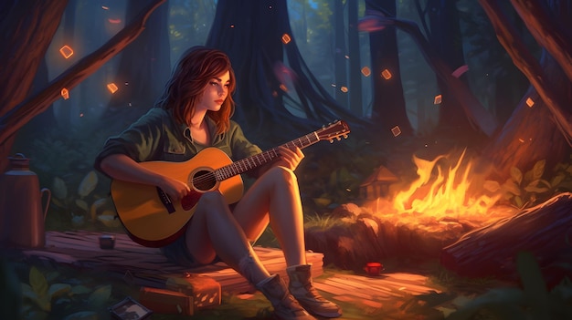 A girl playing guitar by a campfire